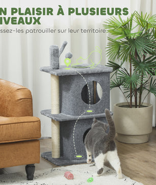 PawHut 3 Tier cat Tree Height 80 cm, Catchered Barb for Cats with 2 niches and Comfortable Roing surface, removable ball, sisal post and soft Plush, for animal 5 kg dark gray