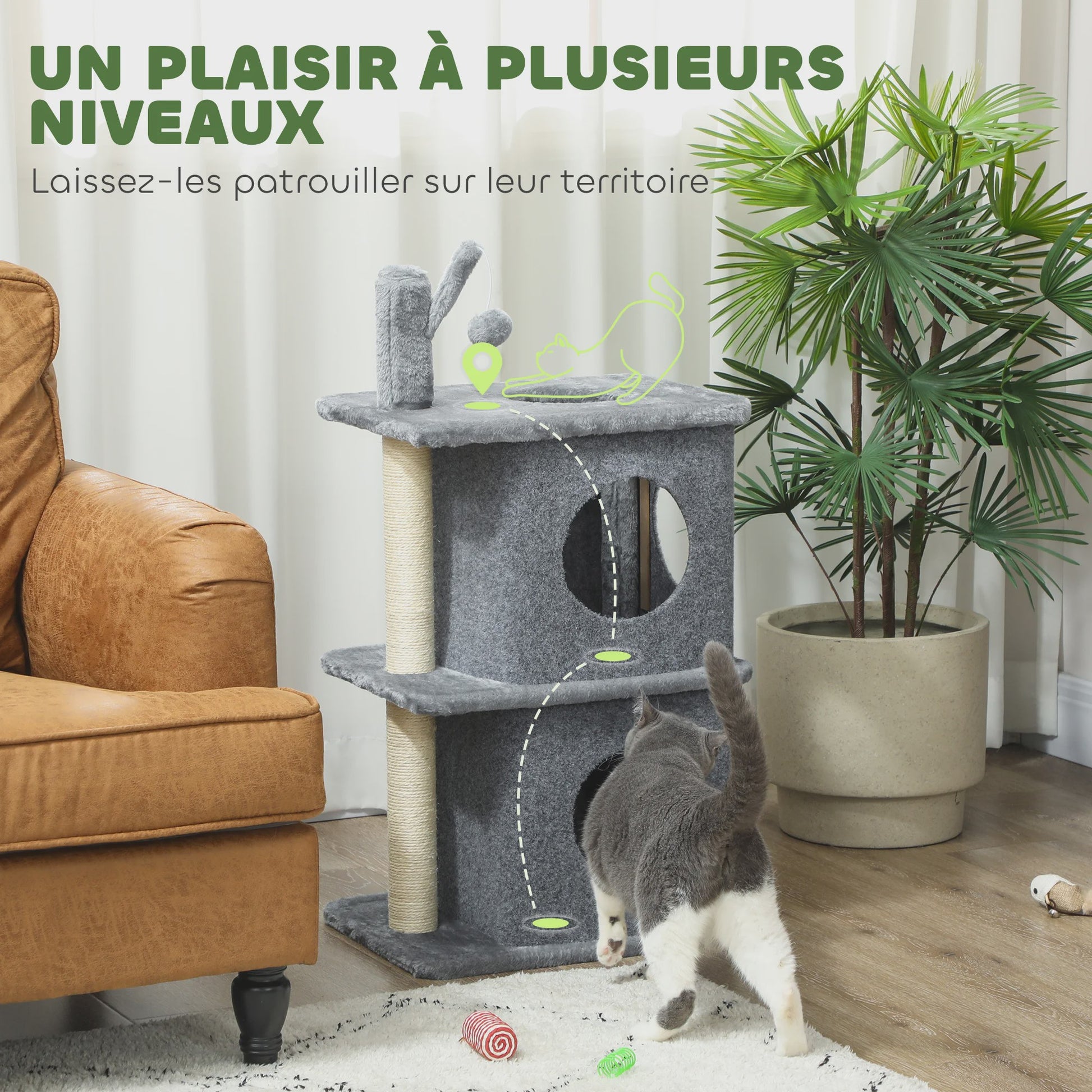PawHut 3 Tier cat Tree Height 80 cm, Catchered Barb for Cats with 2 niches and Comfortable Roing surface, removable ball, sisal post and soft Plush, for animal 5 kg dark gray