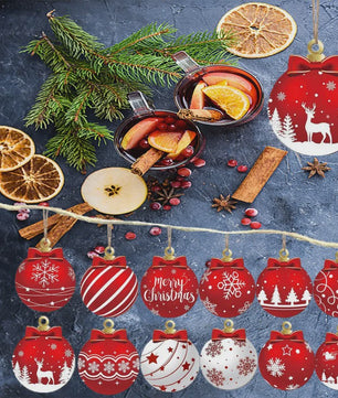 12x Houten Kerstballen Ornamenten Rood Wit - Feestelijke Winter Decoratie