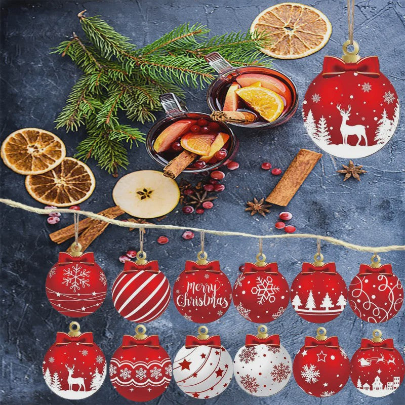 12x Houten Kerstballen Ornamenten Rood Wit - Feestelijke Winter Decoratie