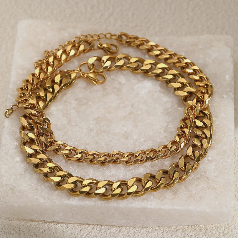2-delige Gouden Roestvrijstalen Cuban Chain Enkelbandjes Set voor Dames en Heren