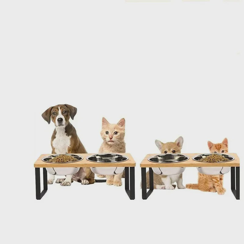 Verhoogde Houten Voerbak voor Katten en Honden - 15° Kantelbaar met RVS Kom
