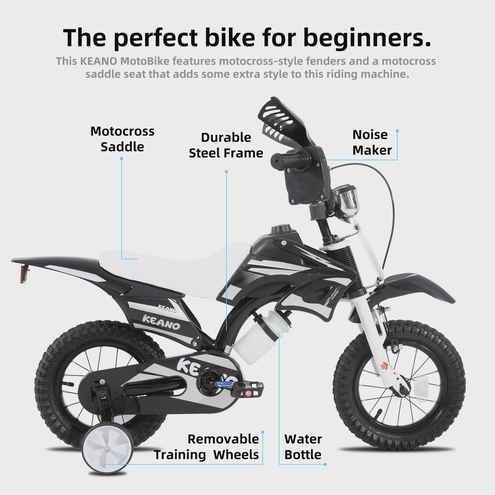 KEANO Kinderloopfiets Motocross Stijl - 12 & 16 Inch - Leeftijd 3-7 Jaar - Met Zijwielen & Nummerplaat