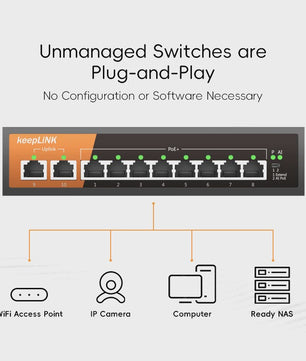 KeepLiNK 10-Poorts Gigabit PoE Switch: 8 PoE-poorten, 2 Uplinks, Plug & Play
