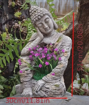 Retro Verweerd Buddha Beeld met Bloembak - Zen Tuindecoratie