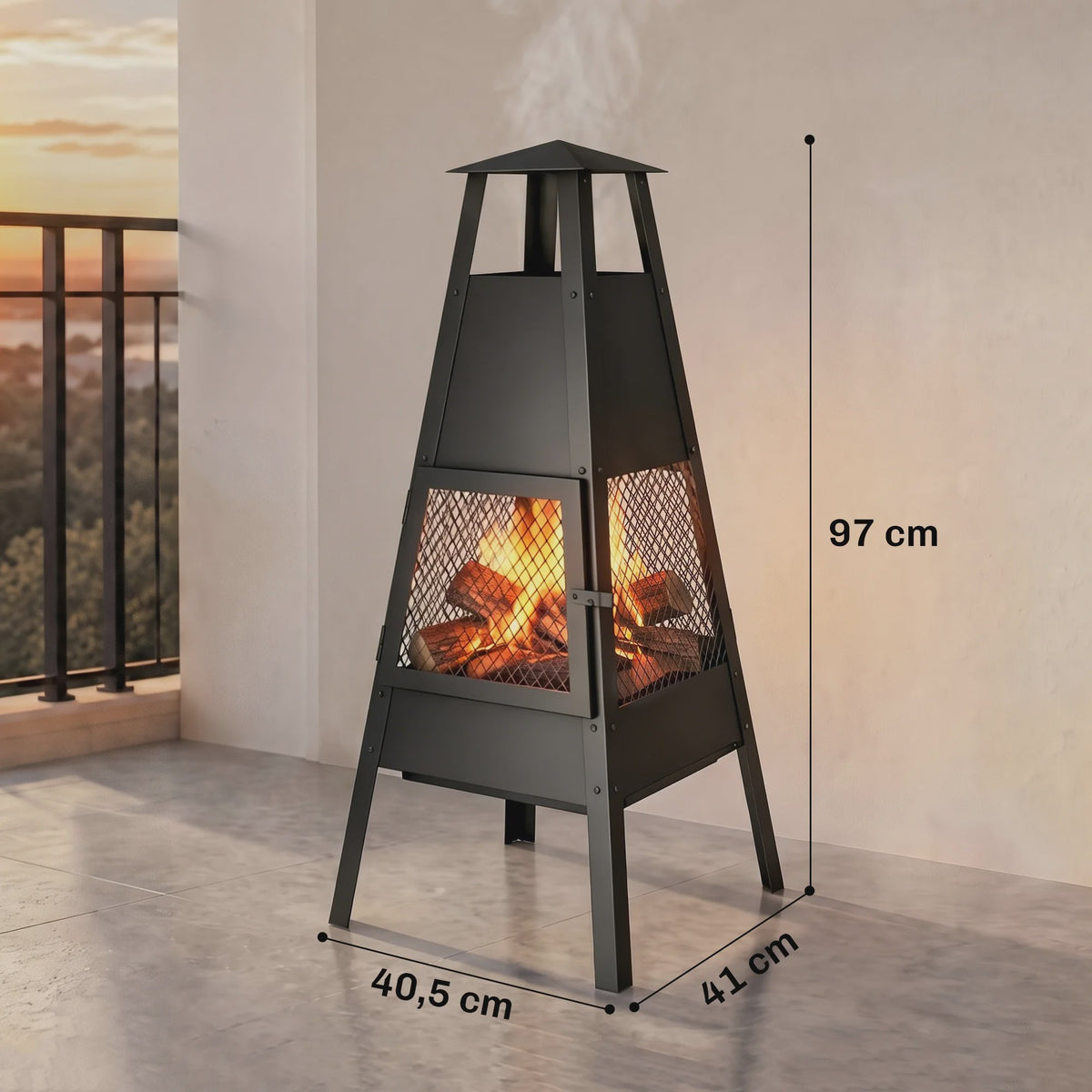 Outsunny Terrashaard met Conische Schoorsteen - Stijlvol & Functioneel, 97cm, Carbon Staal, Zwart
