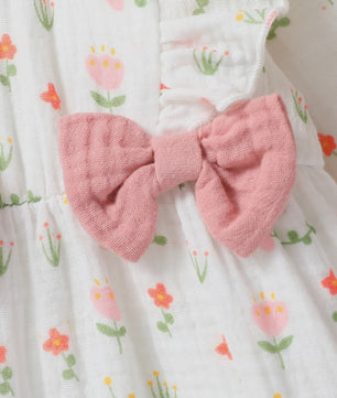 Schattige Baby Meisjes Jumpsuit met Bloemenprint, Lange Mouwen, Strikjes & Hoofdband - 0-6 Maanden