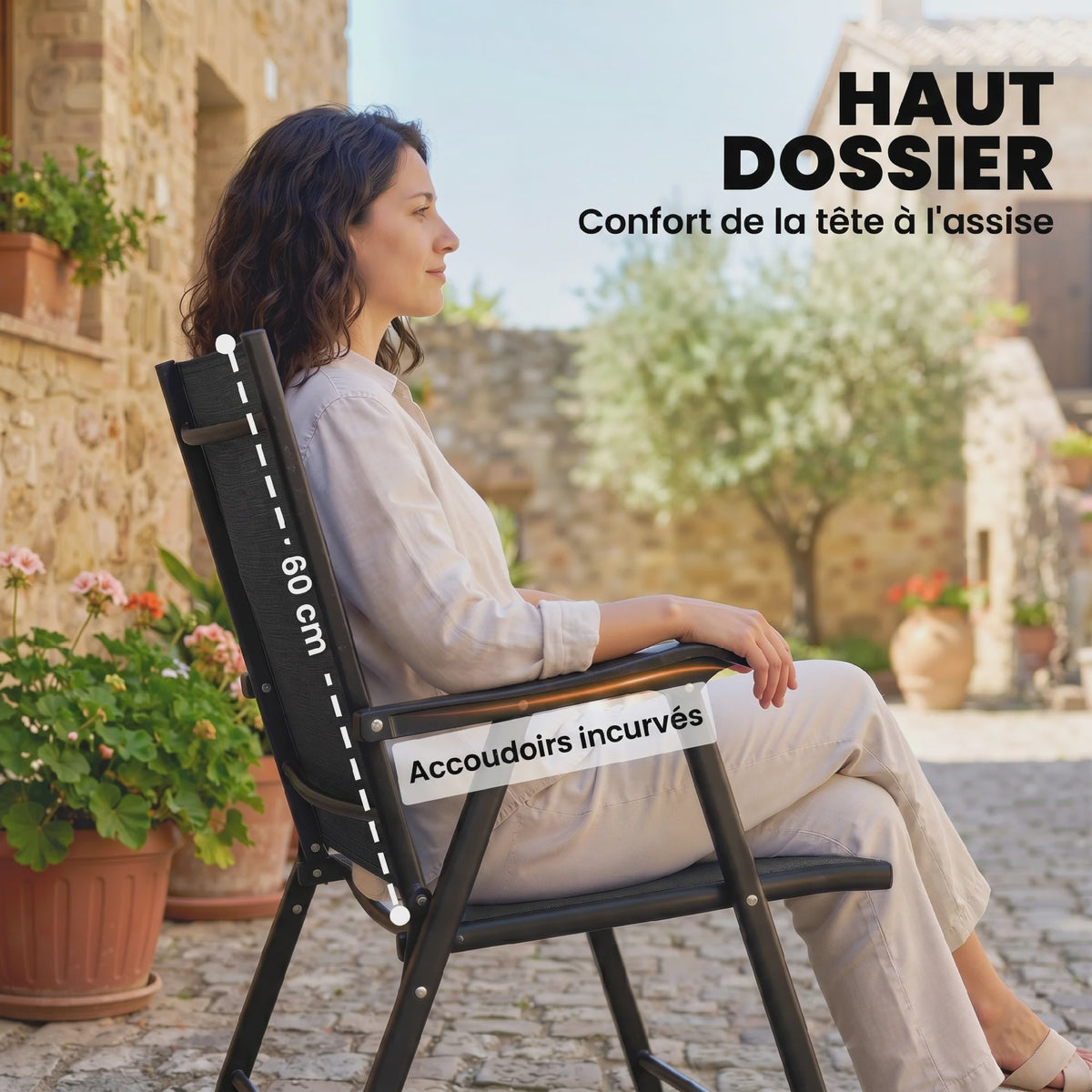Set van 4 zwarte inklapbare tuinstoelen met stevig stalen frame en hoge rugleuning