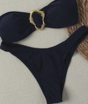 Dames Push-Up Bandeau Bikini Set met Braziliaanse Thong en Goudkleurige Ring Detail