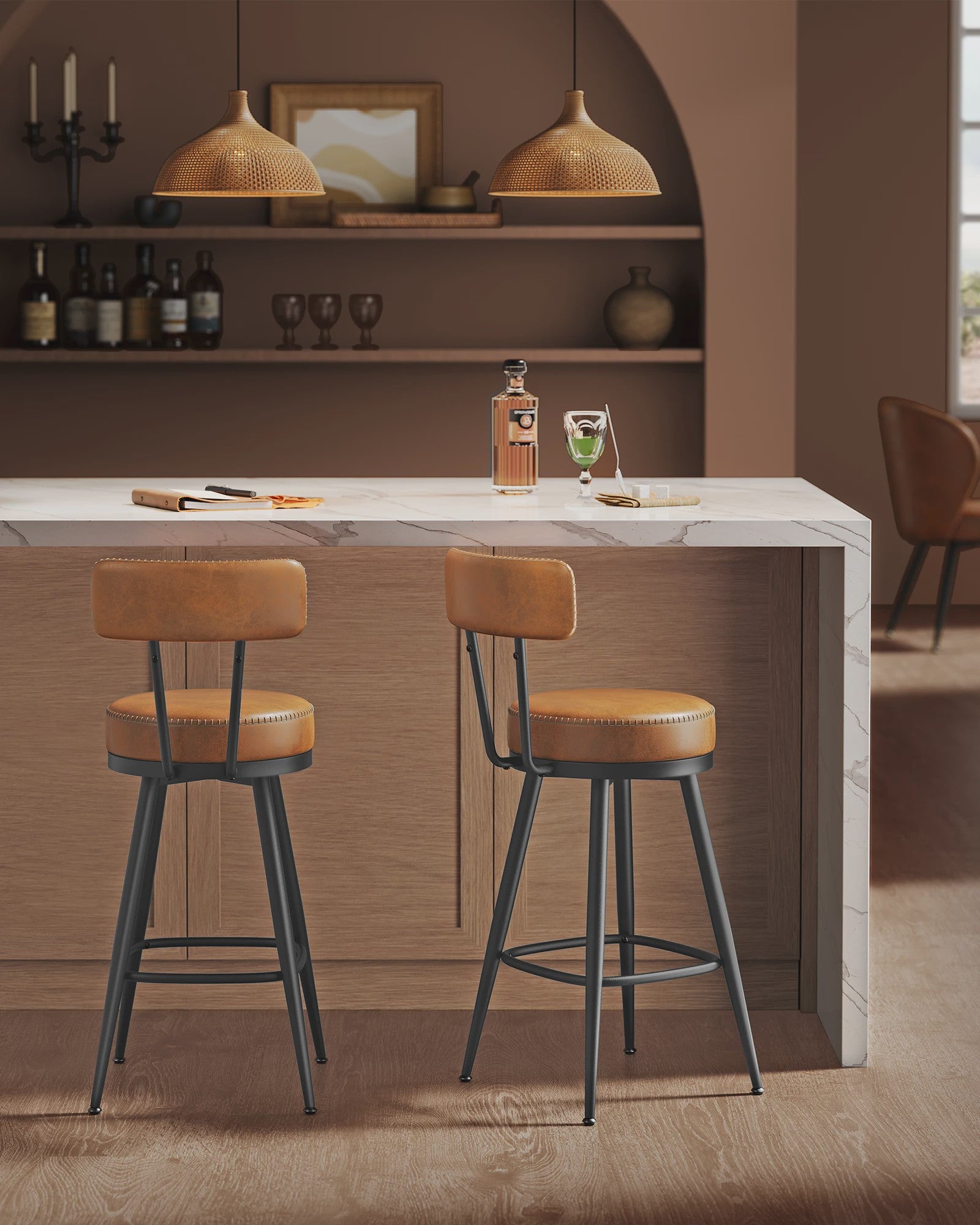Set van 2 Draaibare Barkrukken met Rugleuning – Keuken & Bar – Kunstleer met Stiksels