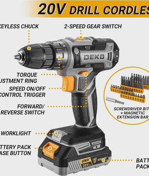 DEKO Complete Gereedschapskist met 20V Accuboormachine, 186 Delen - Professionele DIY Set