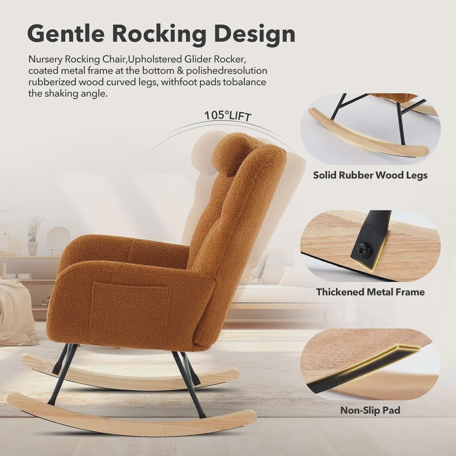 Zachte Bouclé Babymassage Schommelstoel - Gestoffeerde Fauteuil met Hoge Rug & Zijvak