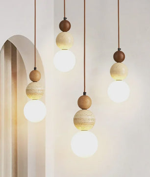 Stijlvolle Cream Wabi-Sabi Hanglamp met Hout en Natuursteen - Sfeervol Licht voor Slaapkamer of Bar