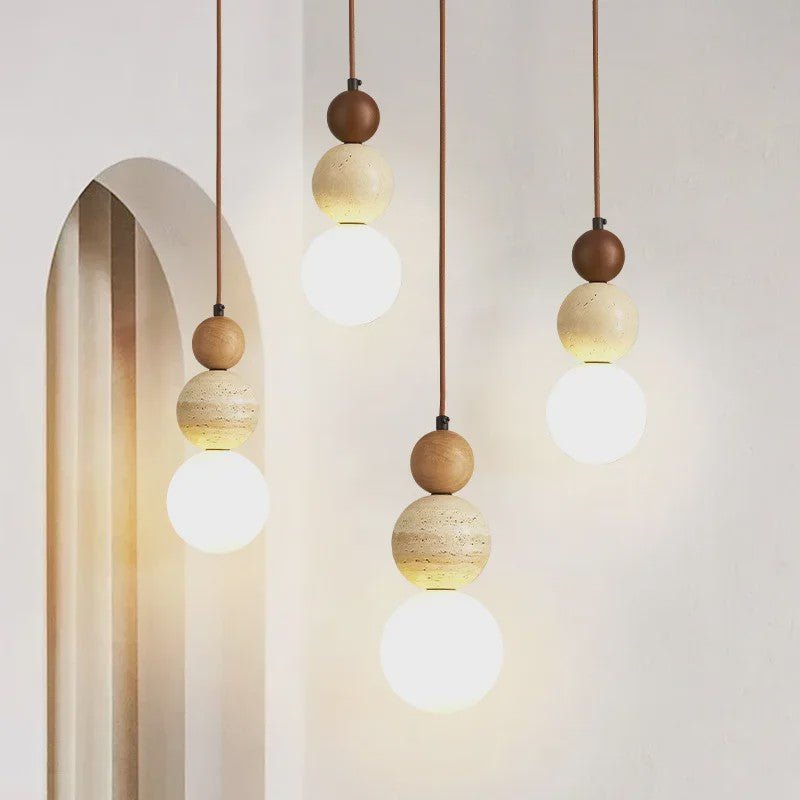 Stijlvolle Cream Wabi-Sabi Hanglamp met Hout en Natuursteen - Sfeervol Licht voor Slaapkamer of Bar