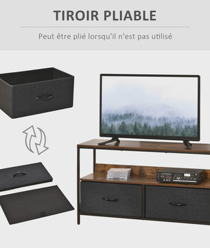 HOMCOM Furniture TV low on legs industrial Style 2 drawers in gray MDF fabric rustic brown and black metal