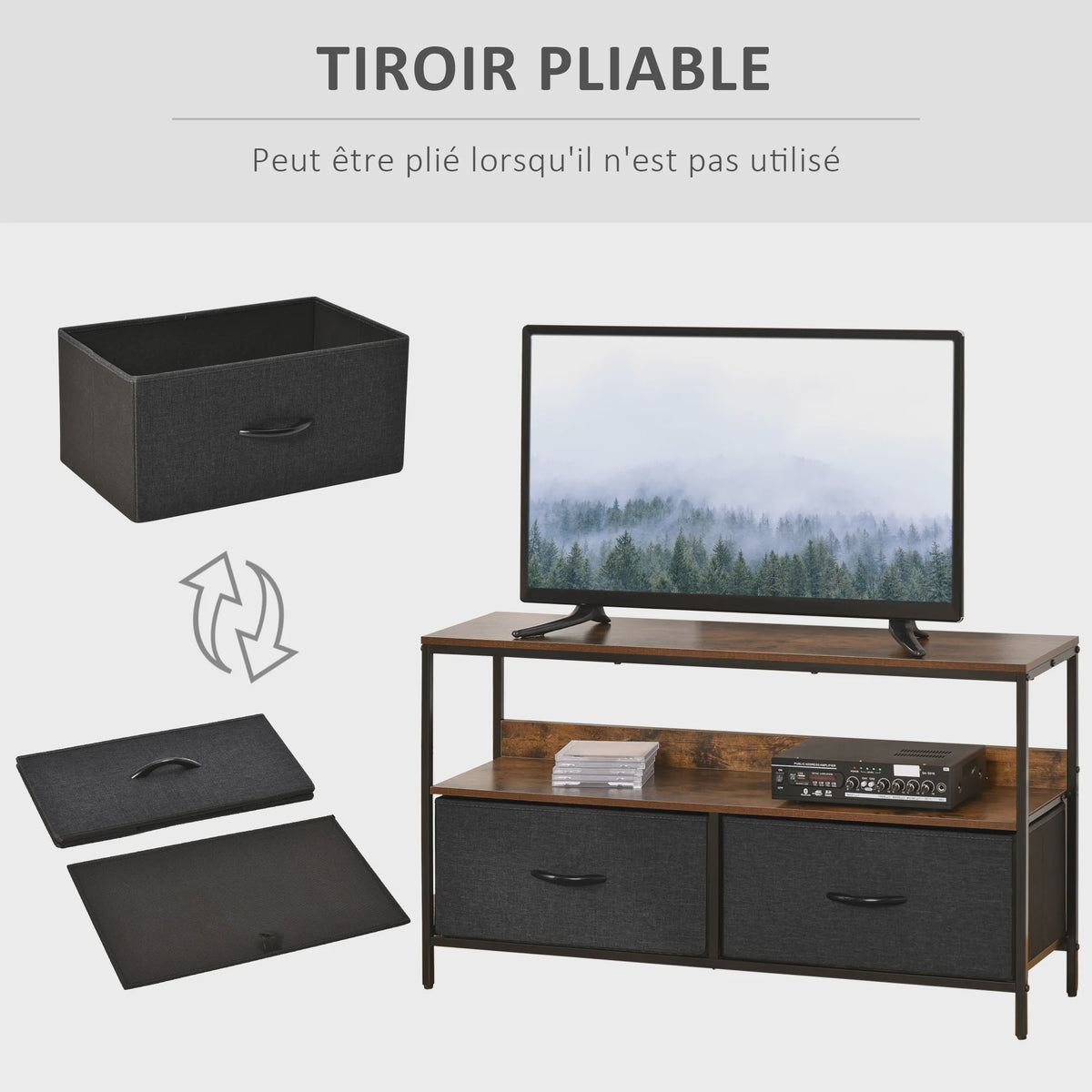 HOMCOM Furniture TV low on legs industrial Style 2 drawers in gray MDF fabric rustic brown and black metal