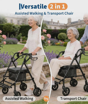 2-in-1 Rollator Walker met Zitje & Voetensteun - Lichtgewicht Rolstoel voor Senioren