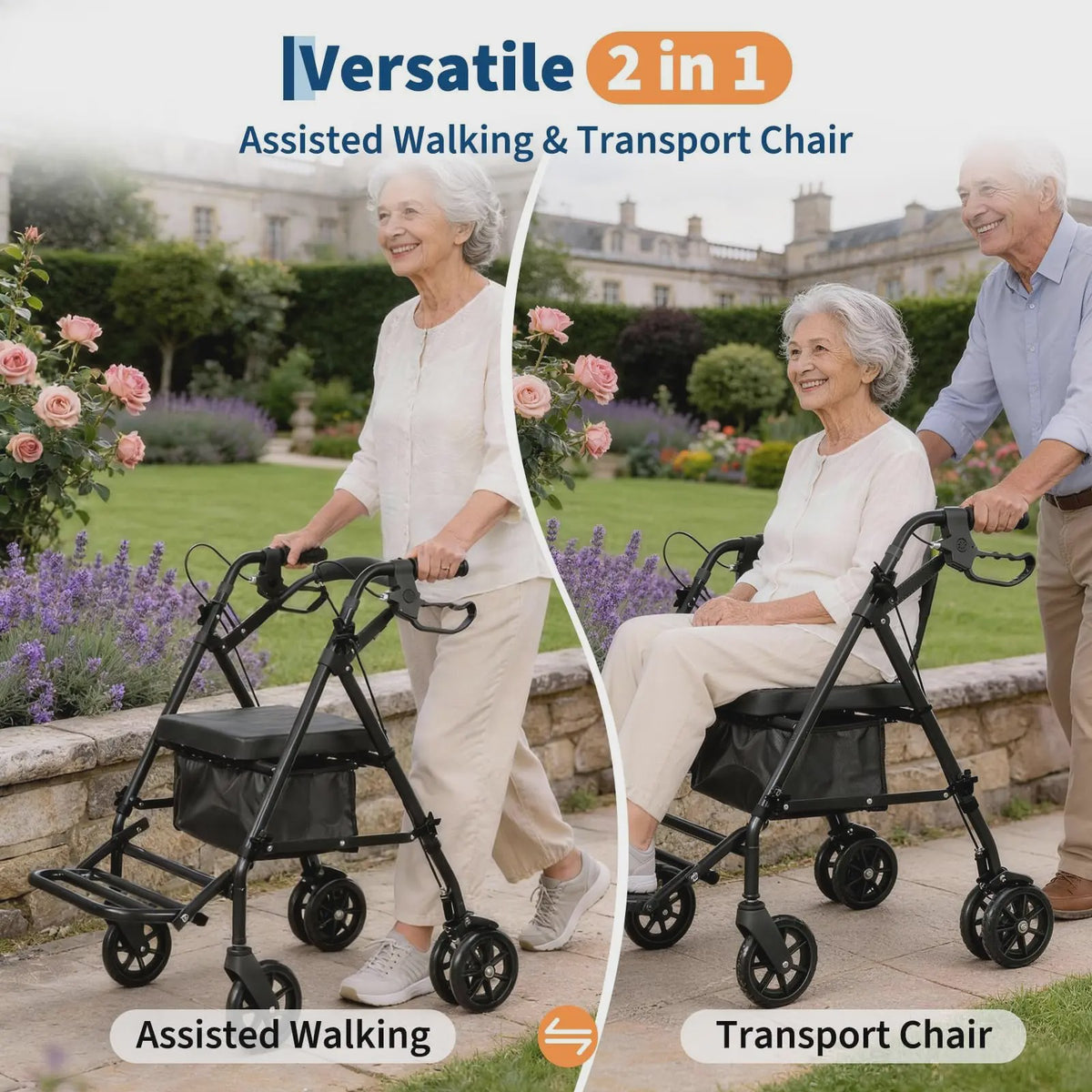 2-in-1 Rollator Walker met Zitje & Voetensteun - Lichtgewicht Rolstoel voor Senioren