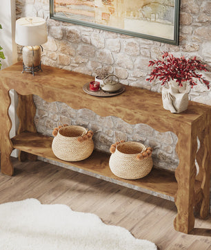 Lange Houten Console Tafel 160cm met Scalloped Rand en Opbergplank - Rustiek Modern Design