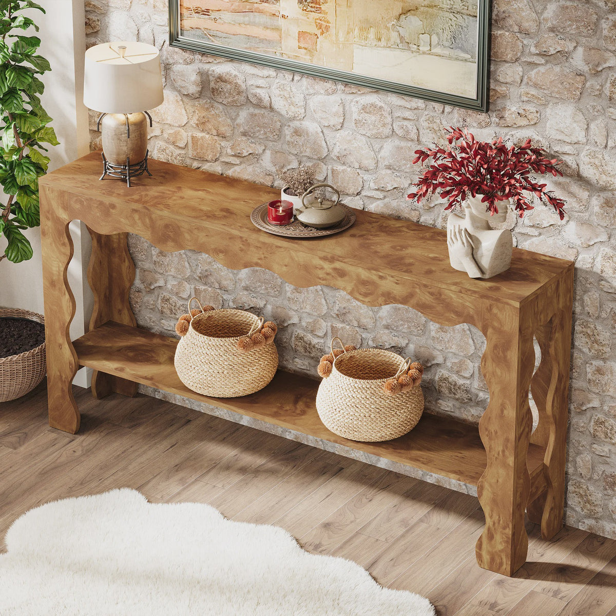 Lange Houten Console Tafel 160cm met Scalloped Rand en Opbergplank - Rustiek Modern Design