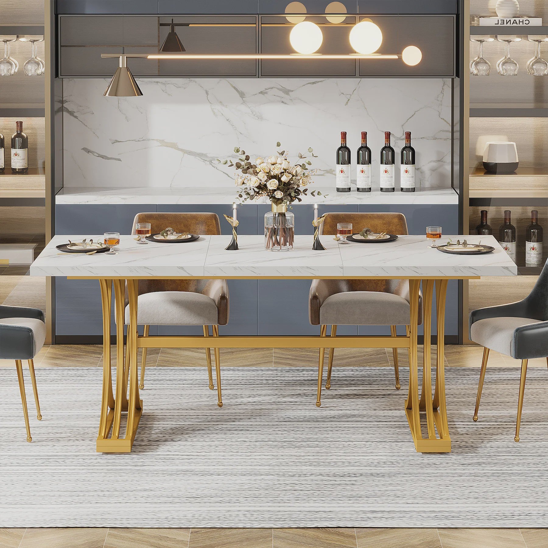 Moderne Marmerlook Eettafel voor 4-6 Personen - Stijlvol Wit Design (160cm)