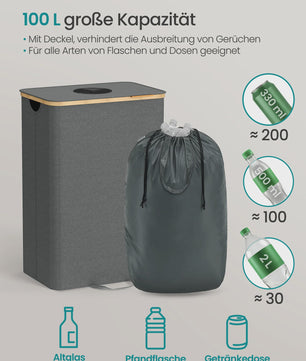 SONGMICS 100L Recycle Container met Deksel en Binnenzak - Grijze Flessenverzamelaar voor de Keuken