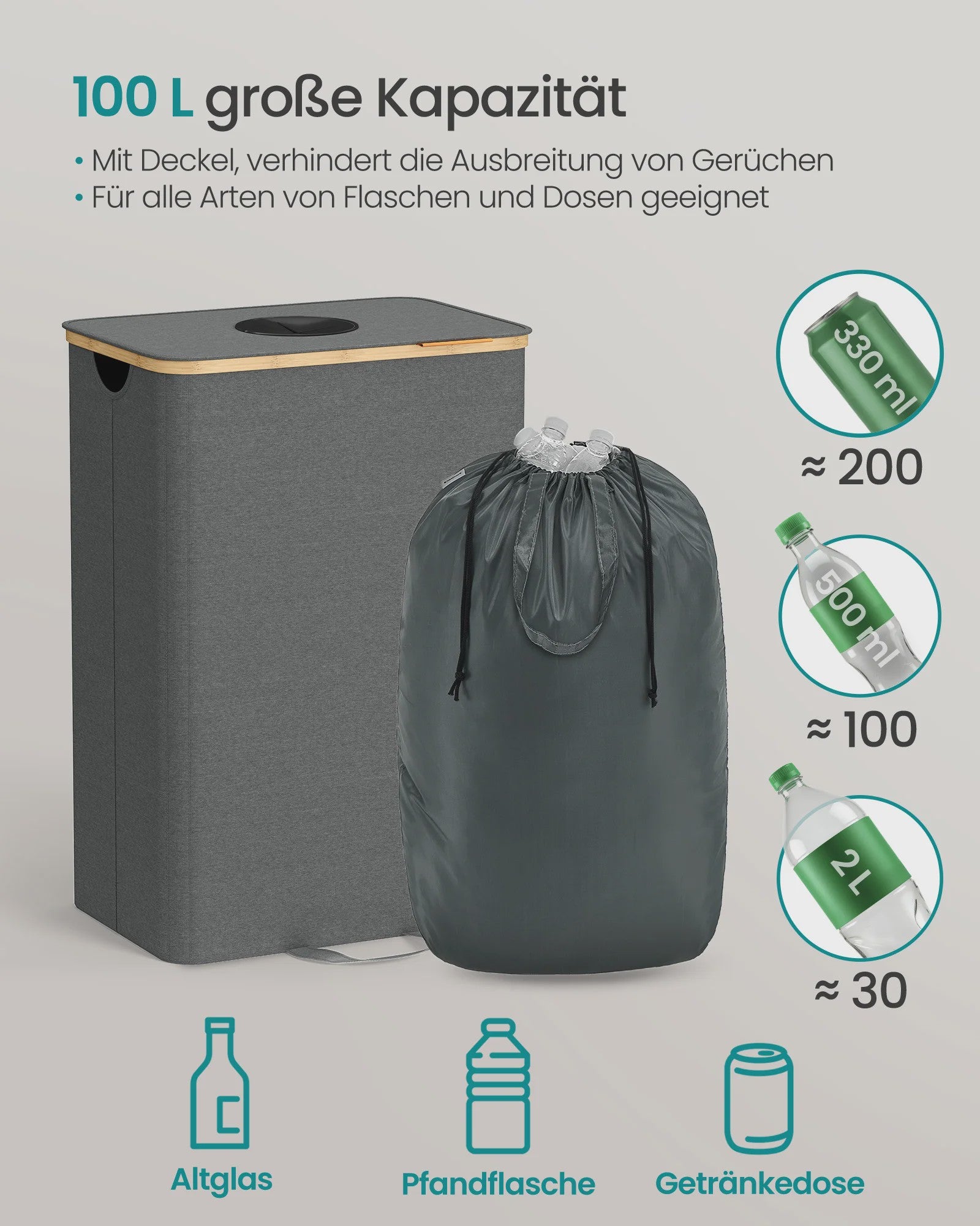 SONGMICS 100L Recycle Container met Deksel en Binnenzak - Grijze Flessenverzamelaar voor de Keuken