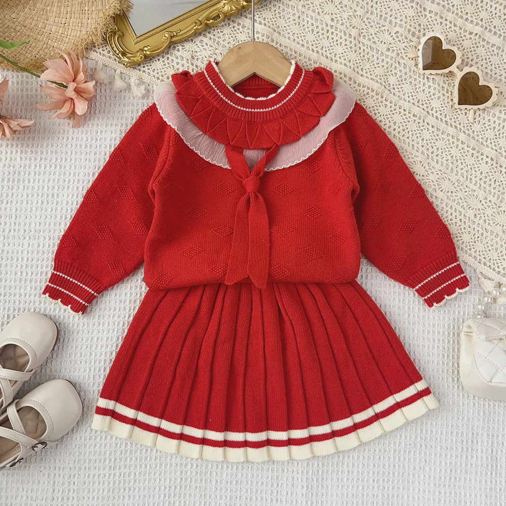 Schattige Gebreide Set: Vest met Kantkraag en Plissé Rok voor Meisjes