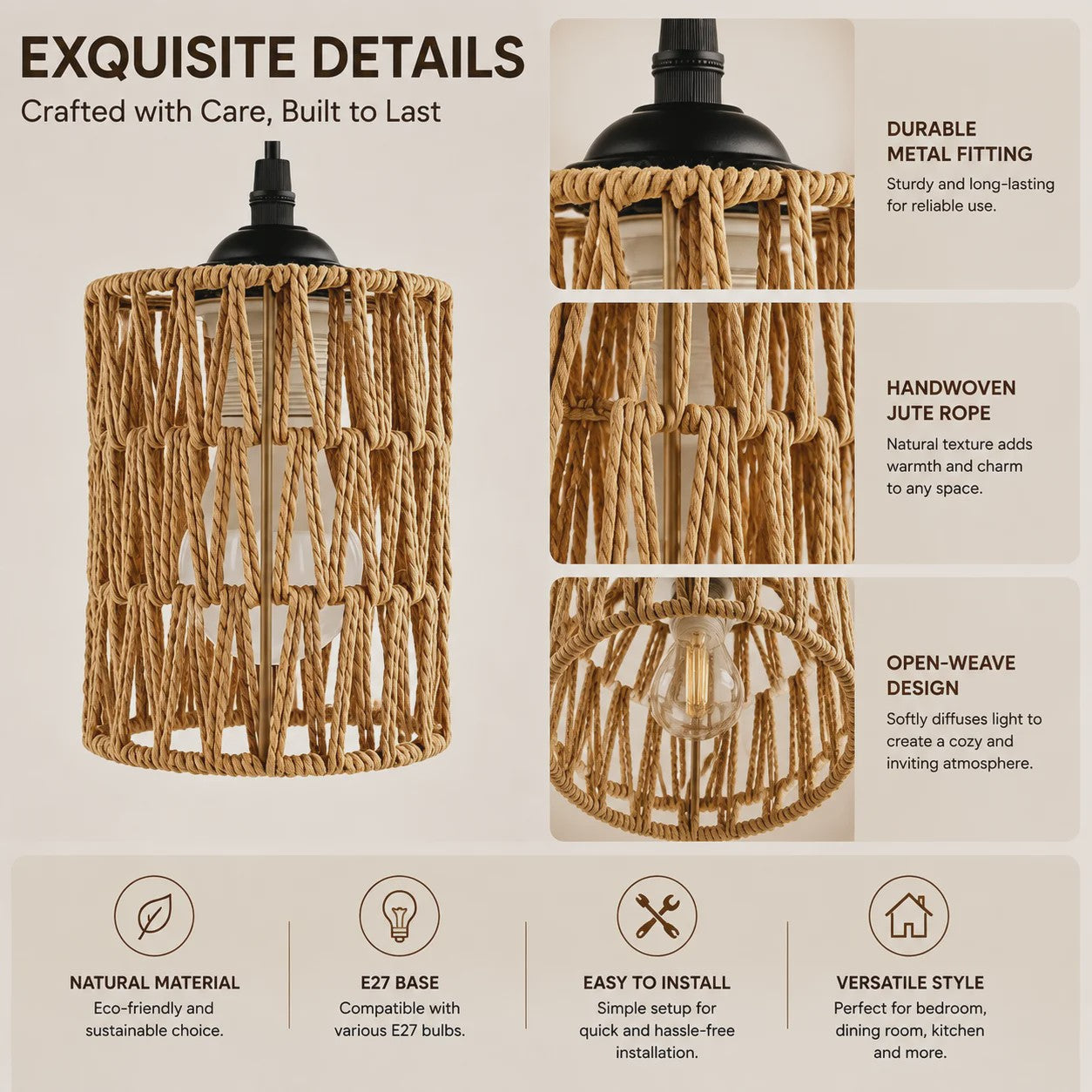 Hanglamp Gevlochten Hennep Touw met E27 Fitting - 1.2m Verstelbaar - Sfeervolle Decoratie