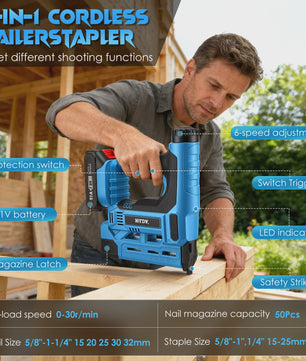 2In1 Electric Nail Gun 18GA Cordless Stapler Framing Nailer Tacker Woodworking Furniture Tool With 1000 Nails/Staples 2x Battery
