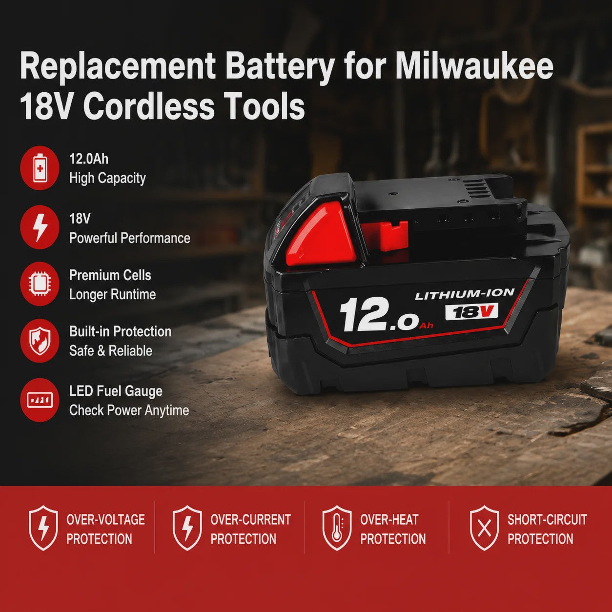 18V Lithium-Ion Accu voor Milwaukee M18 - Hoge Capaciteit 12.0Ah