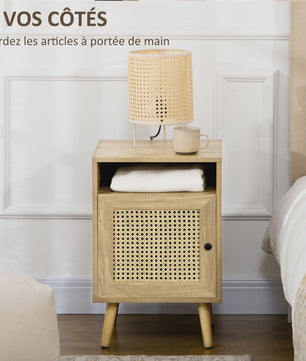 Set van 2 Nachtkastjes met Rotan Deur en Open Nis - Vintage Design - 39x35x60 cm