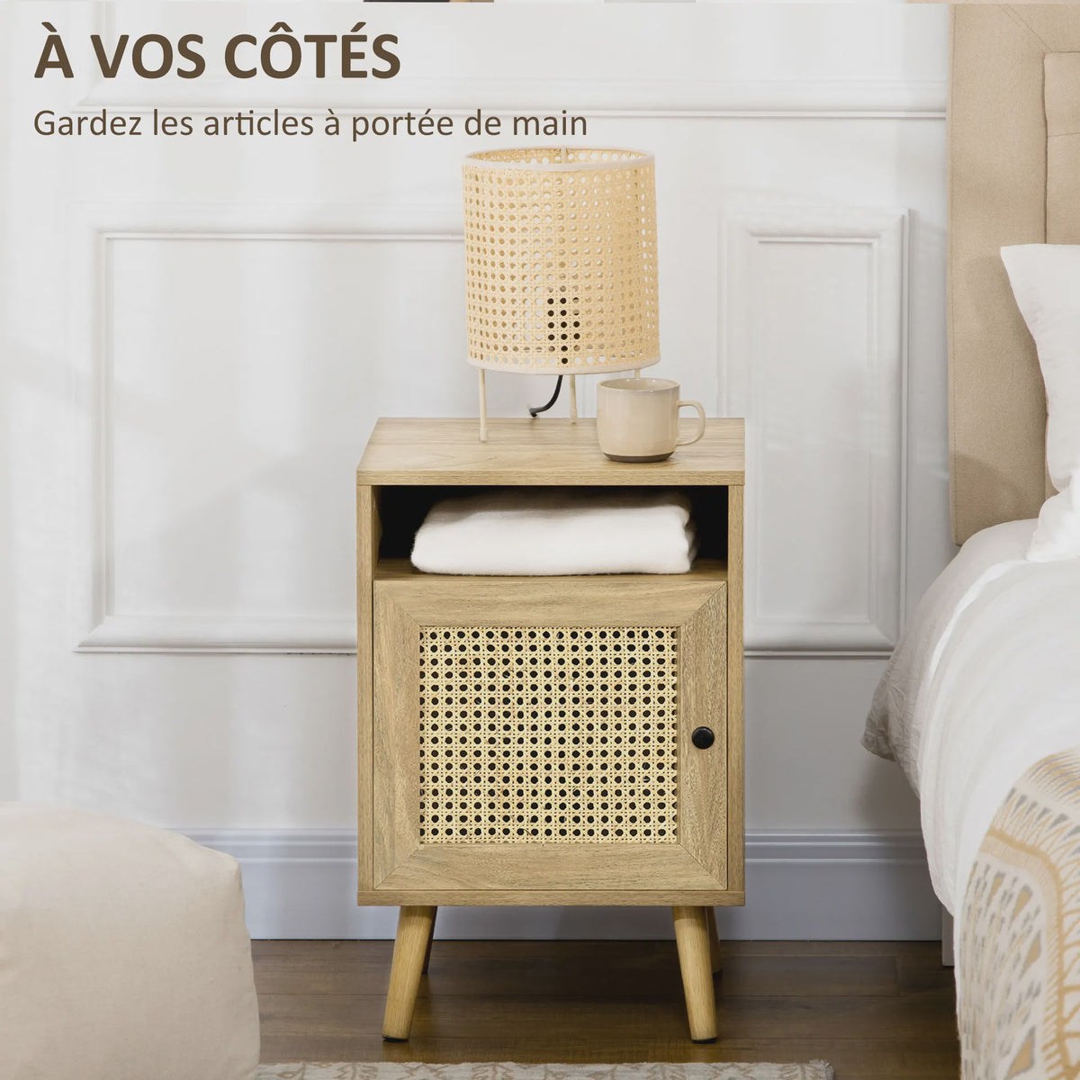 Set van 2 Nachtkastjes met Rotan Deur en Open Nis - Vintage Design - 39x35x60 cm