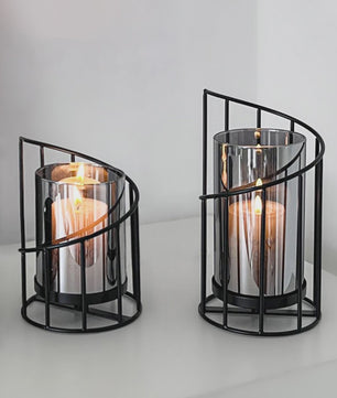 Luxe Metalen Kaarsenhouder met Glazen Cilinder - Geometrisch Draadframe