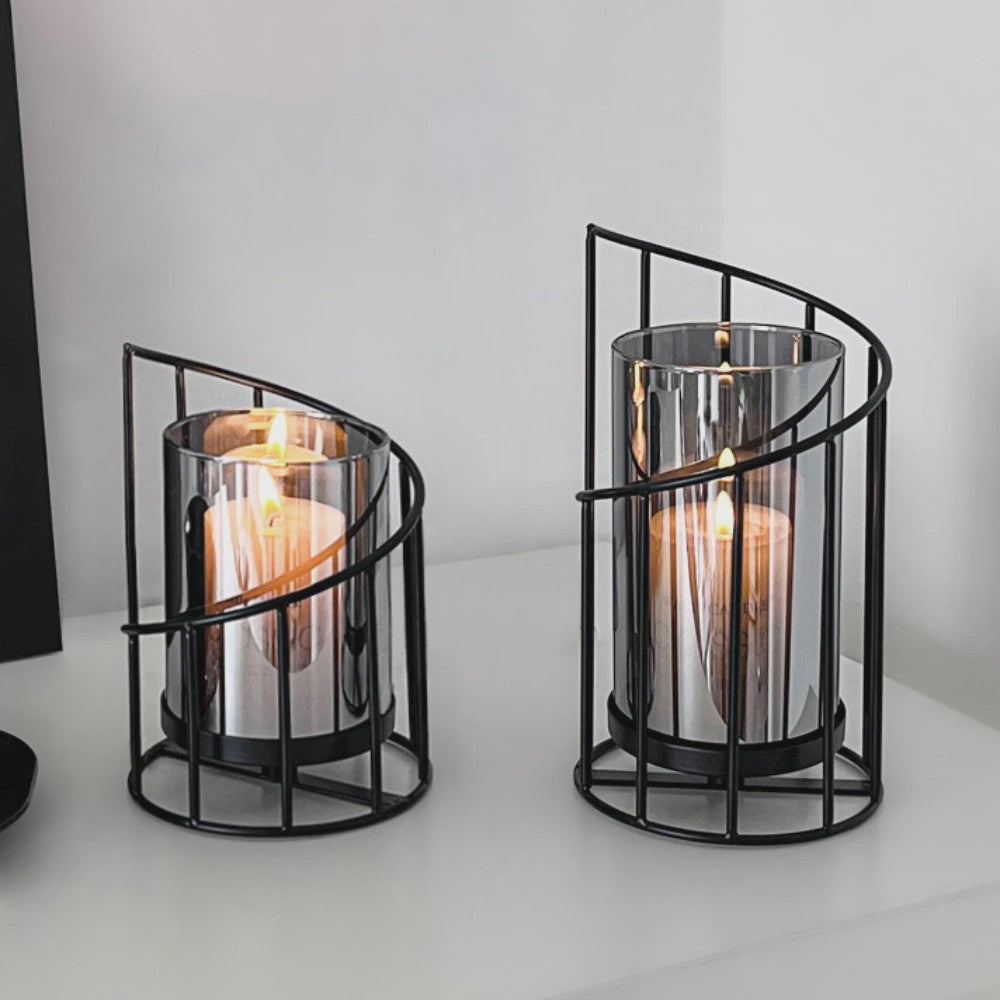 Luxe Metalen Kaarsenhouder met Glazen Cilinder - Geometrisch Draadframe