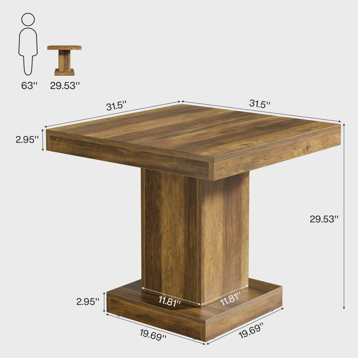 Rustieke Houten Eettafel Vierkant 31.5 Inch met Pootonderstel - Geschikt voor 4 Personen