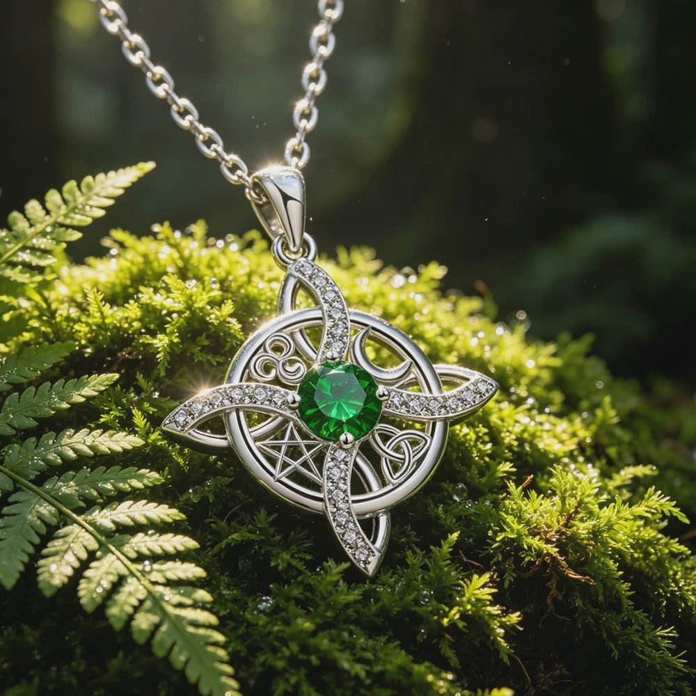 Mystieke Wicca Knoop Ketting met Kristal en Geboortesteen - Ster Maan Amulet