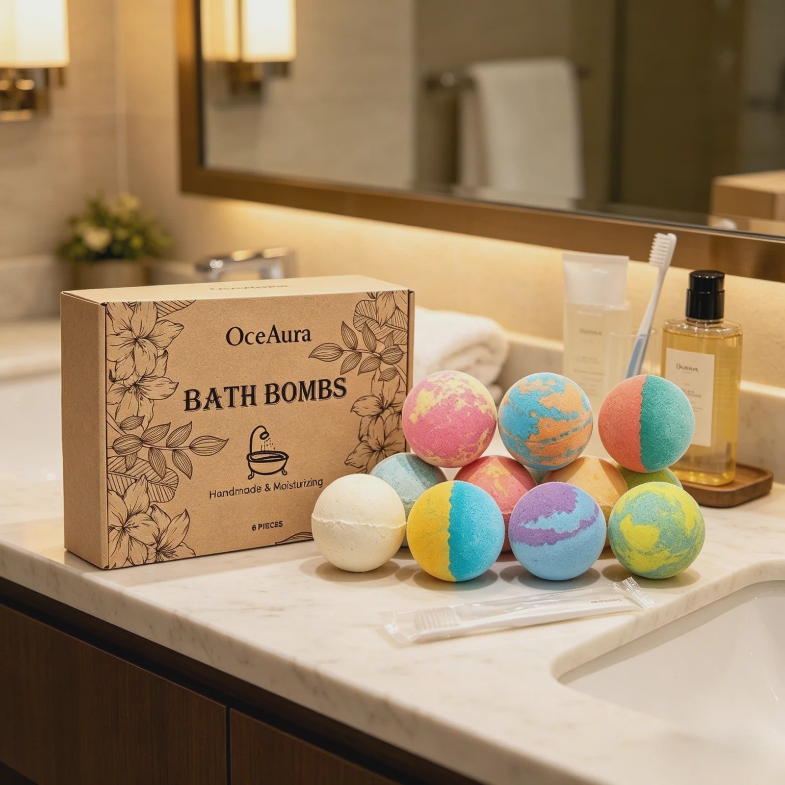 OceAura Luxe Badzout Set - 6x Ontspannende Bath Bombs met Lily, Rose & Rosemary - Huidverbeterend & Hydraterend