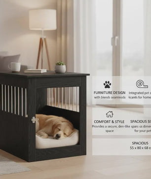 Hondenbench Meubel Zwart Eikenhout - Stijlvolle Hondenkennel & Bijzettafel voor Kleine tot Middelgrote Honden (55x80x68 cm)