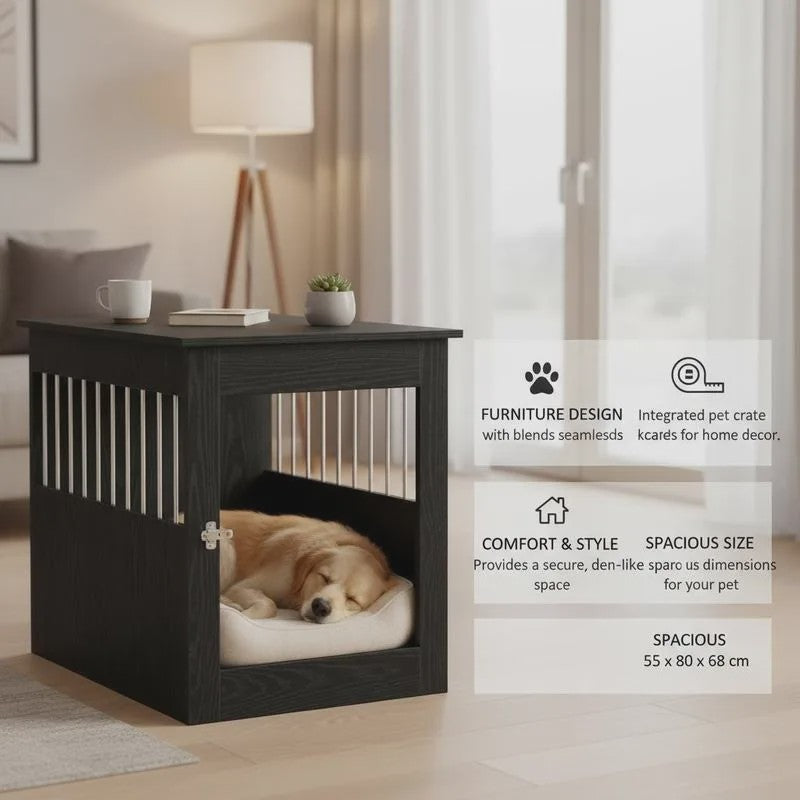 Hondenbench Meubel Zwart Eikenhout - Stijlvolle Hondenkennel & Bijzettafel voor Kleine tot Middelgrote Honden (55x80x68 cm)