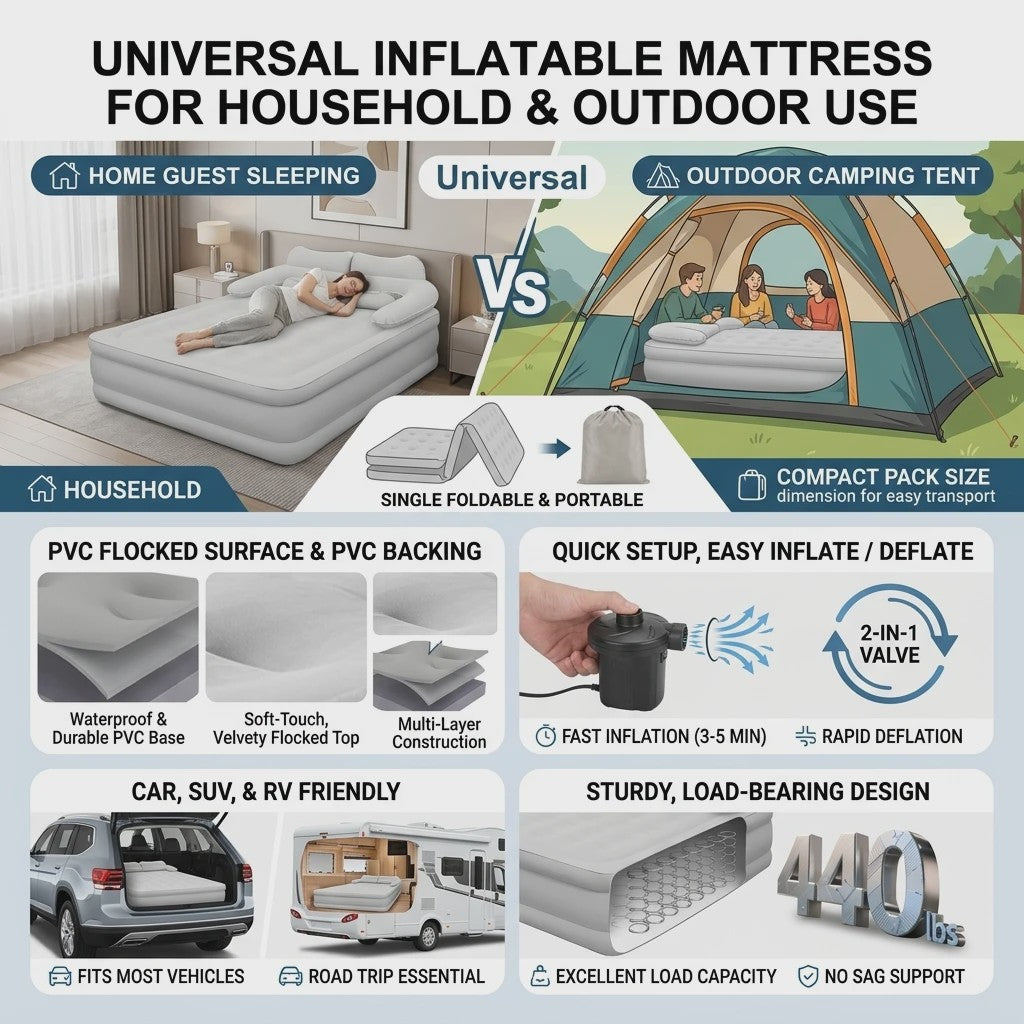Universeel Opblaasbaar Luchtbed - Single, Opvouwbaar & Draagbaar voor Thuis, Camping, Auto & Tent