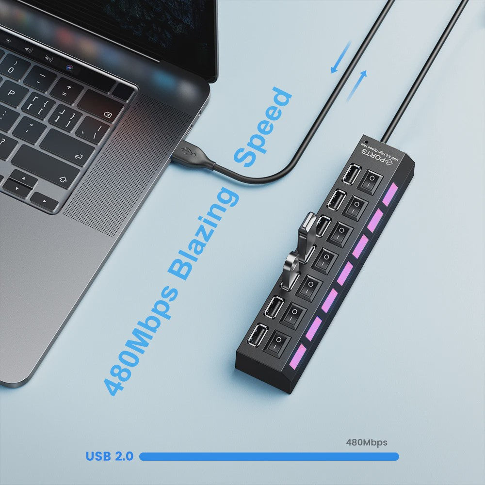 7-Poorts USB Hub met Individuele Aan/Uit Schakelaars - Hoge Snelheid USB 2.0 Splitter