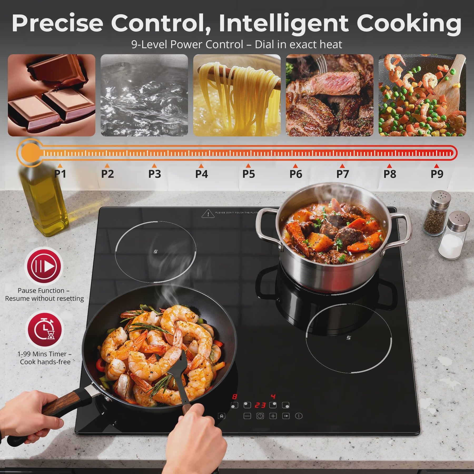 60cm Inbouw Keramische Kookplaat 6000W - 4 Zones, Touch Control, 9 Niveaus, Timer & Kinderslot