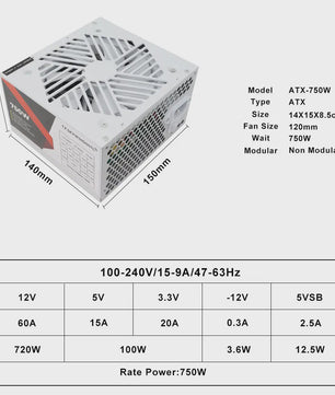 T.F.Skywindintl 750W ATX Gaming Voeding - Wit, Non-Modular, 85% Efficiëntie