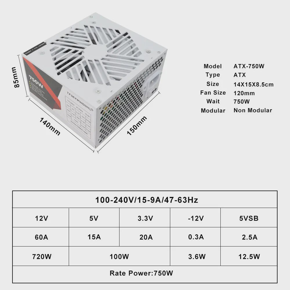 T.F.Skywindintl 750W ATX Gaming Voeding - Wit, Non-Modular, 85% Efficiëntie