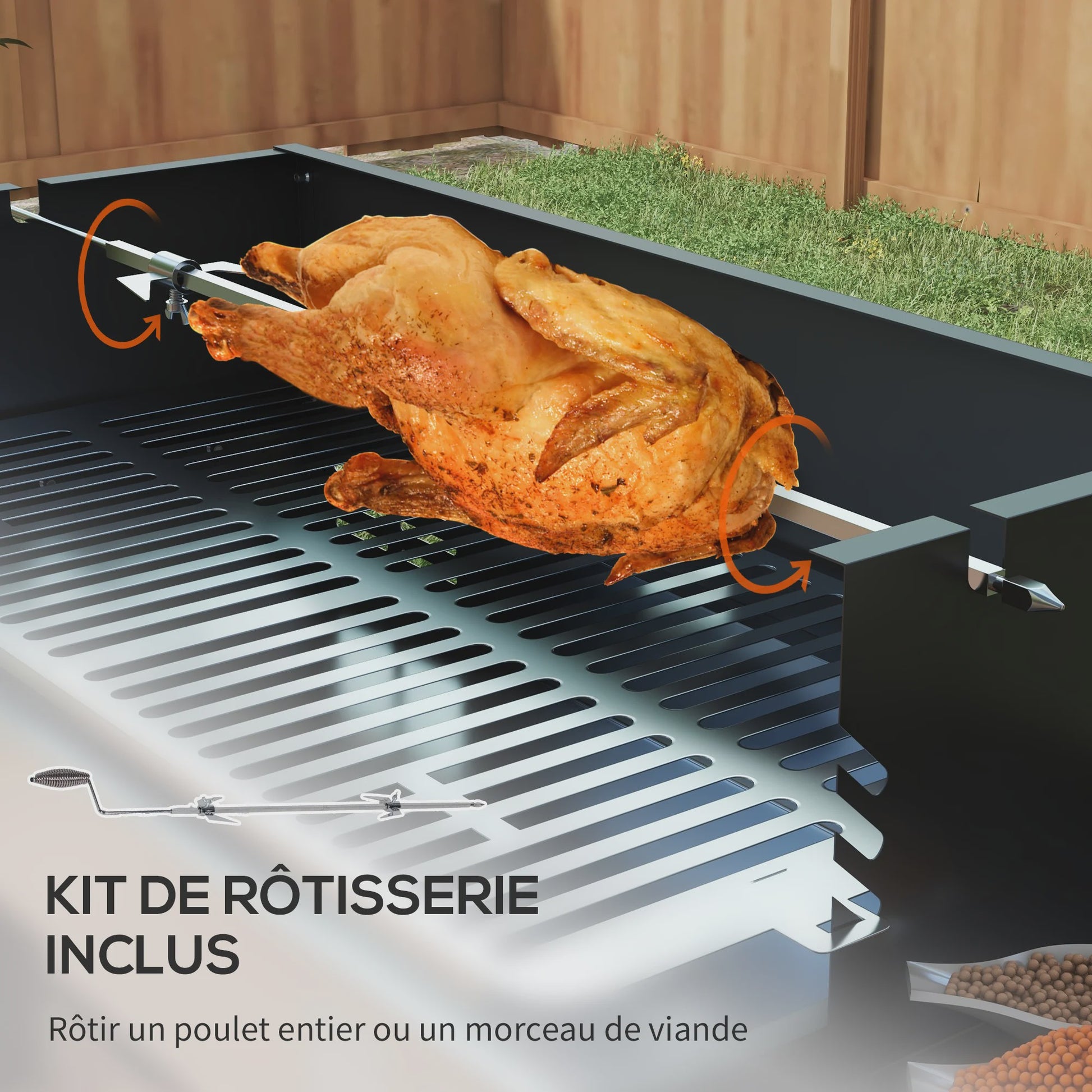 Outsunny Kolen BBQ met 3-traps Grillrooster, Inklapbare Zijtafels en Rotisserie - 118x32x90 cm Zwart