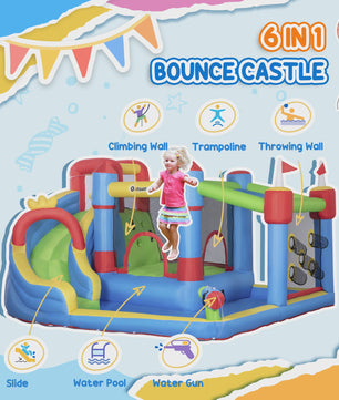 Outsunny Opblaasbaar Kasteel met Zwembad - 390x300x197 cm - Kleurrijk Plezier voor Kinderen