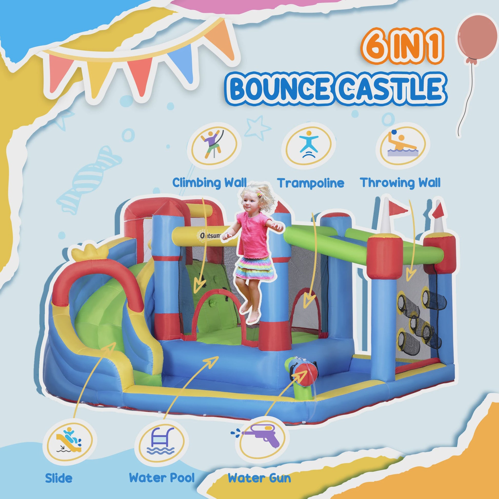 Outsunny Opblaasbaar Kasteel met Zwembad - 390x300x197 cm - Kleurrijk Plezier voor Kinderen