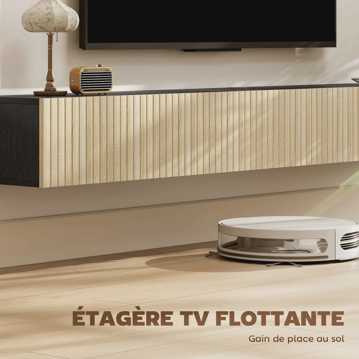 Zwevende TV Meubel 140cm met 2 Klapdeuren - Natuurlijk Hout & Zwart