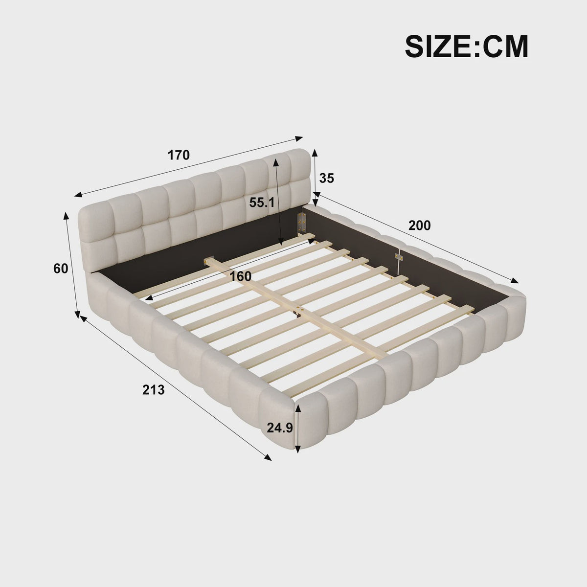 Luxe Gestoffeerd Bubble Bed 160x200 cm met Lattenbodem en Zacht Hoofdbord - Stijlvol Slaapkamermeubel